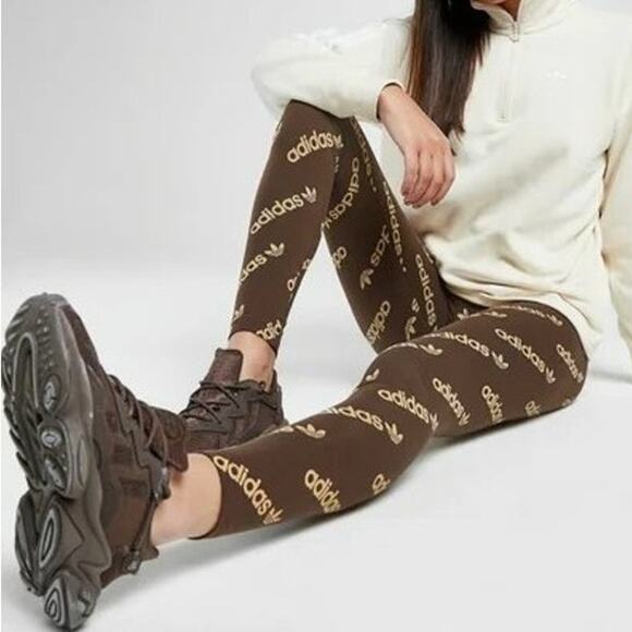 Adidas Originals Logomania Repeat Logo Monogram Leggings Tights in Brown Pants - Picture 7 of 11